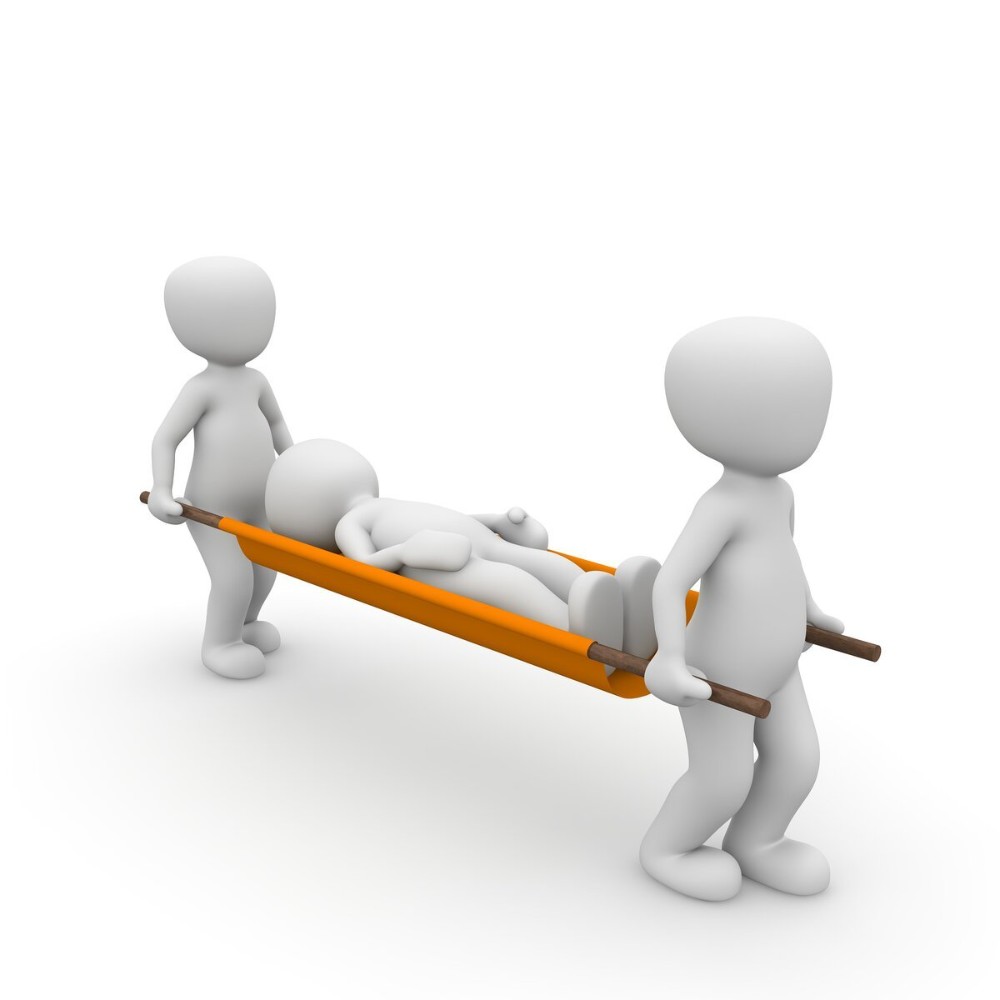 Create meme: little men are carried on stretchers, man for presentation, A man is being carried on a stretcher