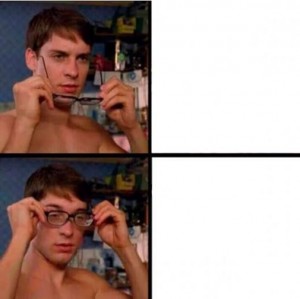 Create meme: meme Peter Parker wears glasses, Peter Parker glasses meme, Peter Parker wears glasses