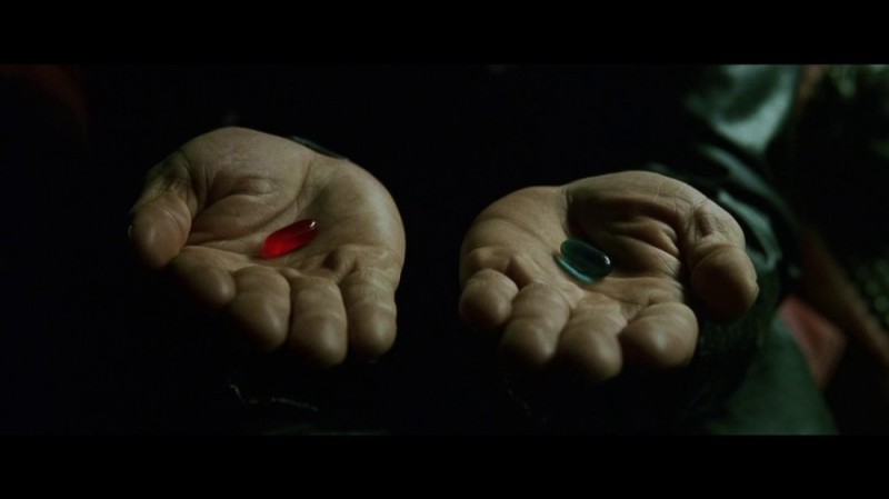 Create meme: matrix Morpheus pills, blue and red pill, Morpheus two pills