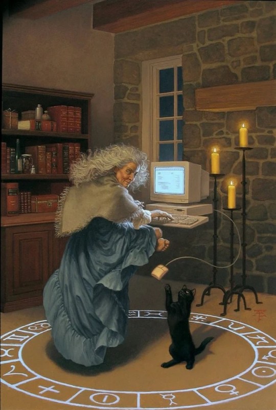 Create meme: Tristan Elwell paintings, witch computer, The witch at the computer