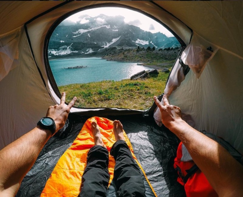 Create meme: the view from the tent, beautiful view from the tent, view of the mountains from the tent