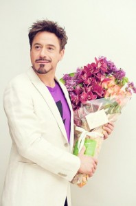 Create meme: Robert Downey Jr with flowers, Robert Downey Jr. with a bouquet, Robert Downey