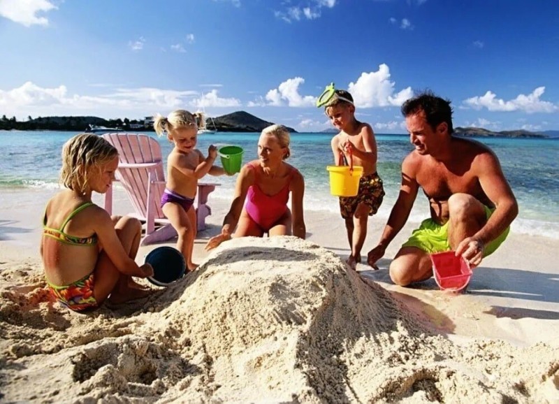 Create meme: beach family, holidays with children at sea, vacation with family at sea