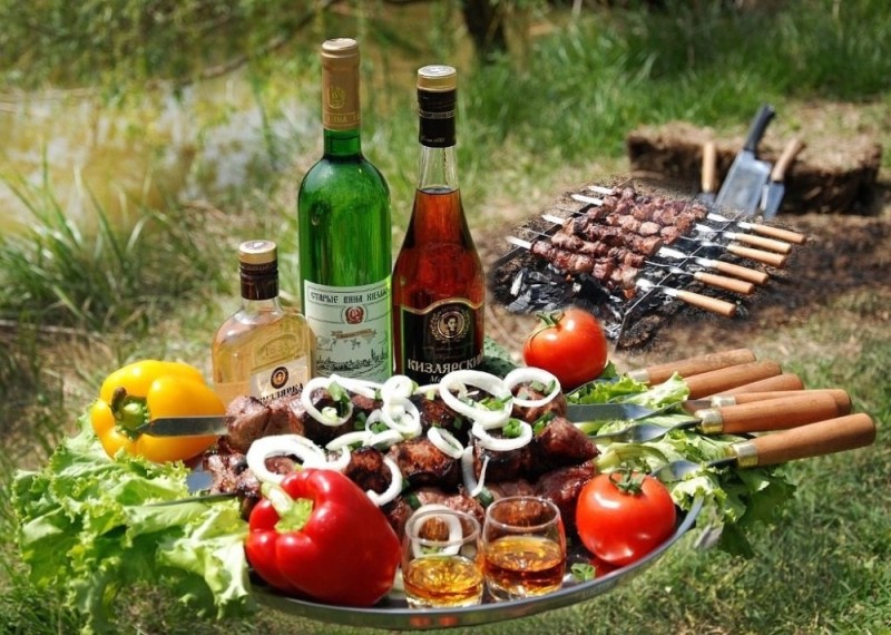 Create meme: nature kebabs, barbecue and wine in nature