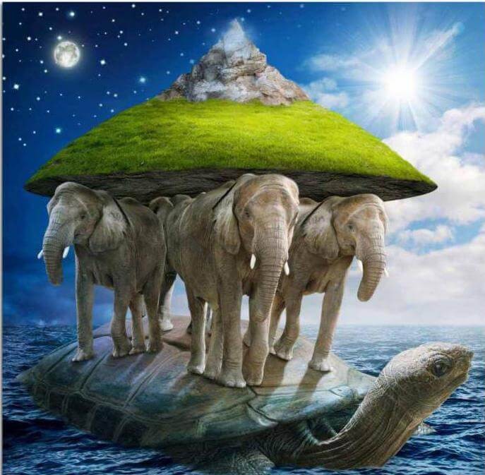 Create meme: three elephants and a turtle, the land on three elephants, ancient people's ideas about the earth