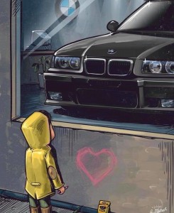 Создать мем: арт для вашего авто, мальчик смотрит на бмв, мальчик у витрины с машиной ауди