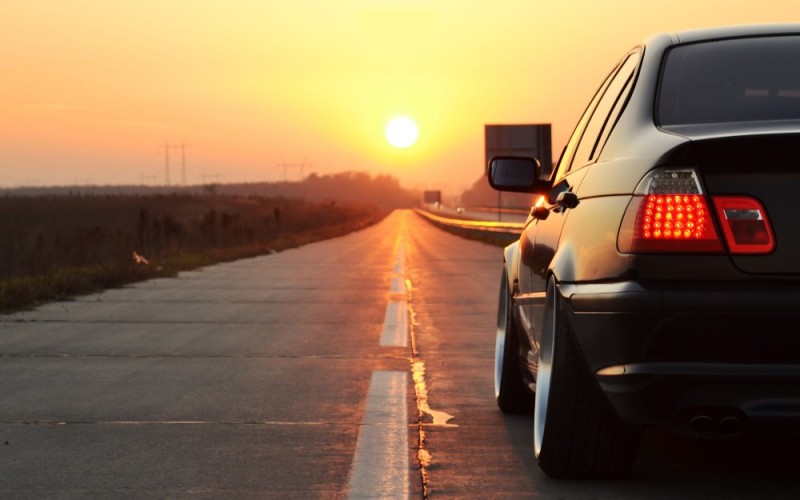 Create meme: driving school discounts, bmw e46 on the road, road sunset 
