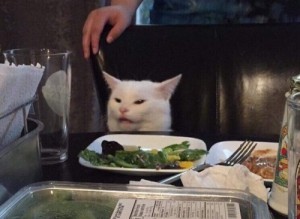 Создать мем: кот с мемов за столом, озадаченный кот за столом мем, кот за столом мем