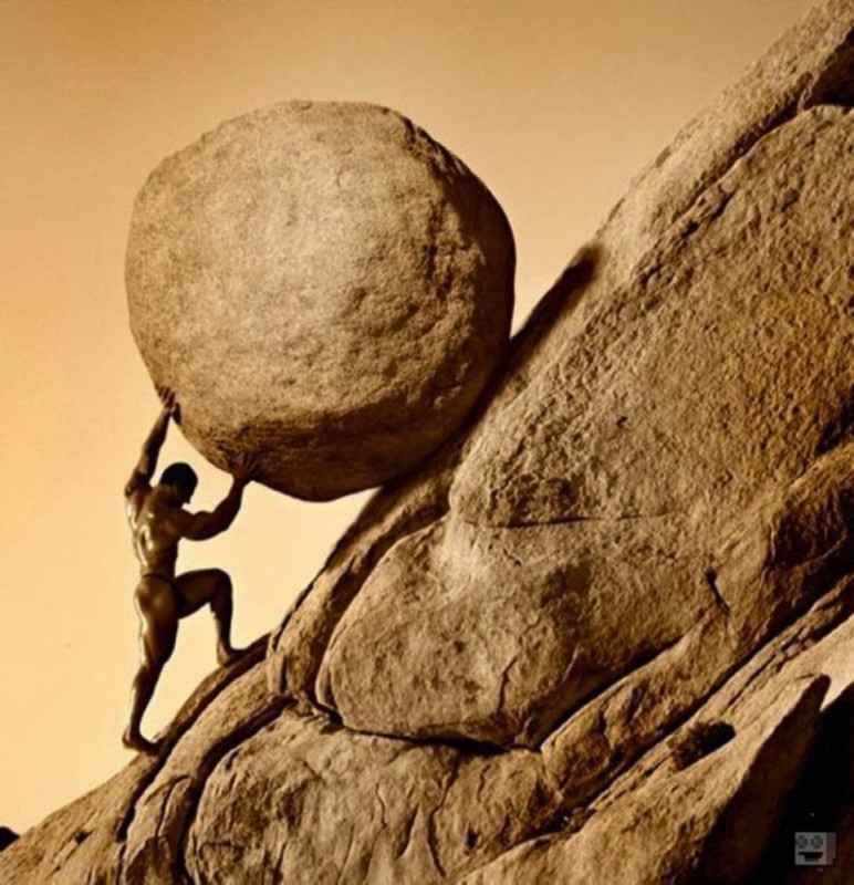 Create meme: willpower, pushing a rock uphill, Sisyphus and the stone