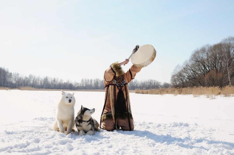 Create meme: The Nenets shaman, shaman with a tambourine in winter, Shaman with a tambourine