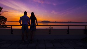 Create meme: pink dawn and a couple, sunset, pair