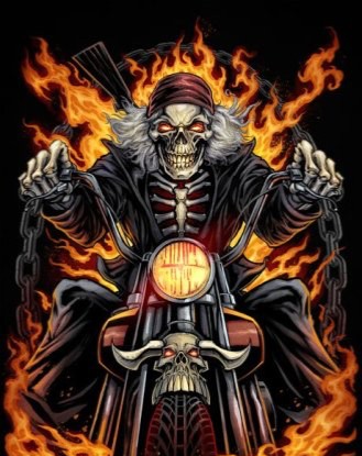 Create meme: a skeleton on a bike, skeleton biker, The skull of the ghost rider