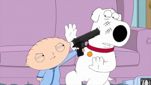 Create meme: dog bites bear, funny Stewie gasped, Stewie prepares popcorn with Cleveland