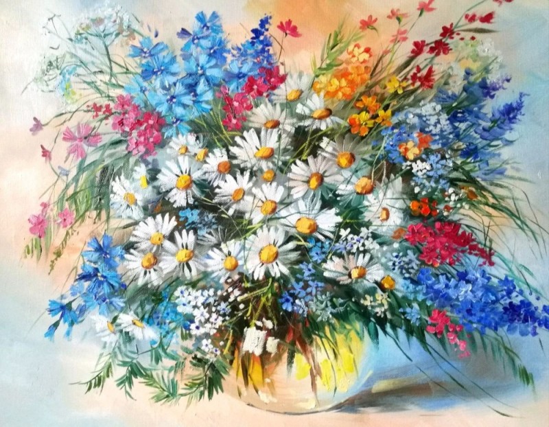 Create meme: bouquet of wild flowers in oil, bouquet of daisies paintings, wild flowers painting