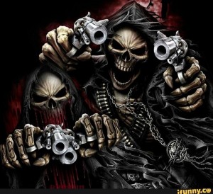 Create meme: skull with guns, skeleton with a gun