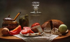 Create meme: picture a glass of vodka with a snack, still life with vodka and bacon photo, kitchen still life photo