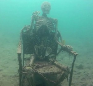 Create meme: terrible finds under water, the bottom of the lake, the skeleton under water