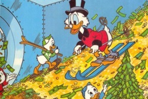 Create meme: money, Scrooge McDuck swims in money, Scrooge McDuck