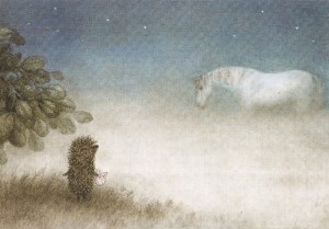 Создать мем: ежик в тумане обои, ежик и лошадка в тумане картинки, ежик в тумане иллюстрации