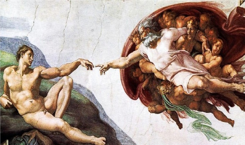 Создать мем: сотворение мира микеланджело, микеланджело буонарроти сотворение адама оригинал, сотворение адама картина микеланджело