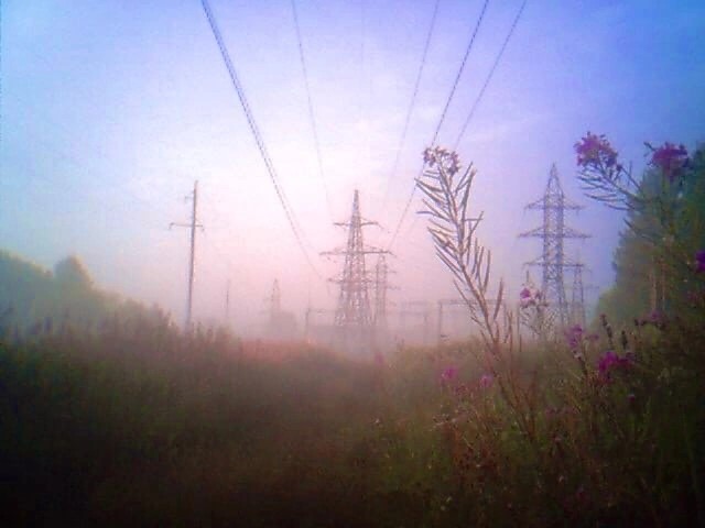 Create meme: power lines in the fog, power line tower, landscape 