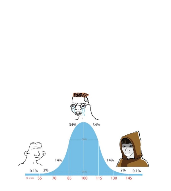 Создать мем: нормальное распределение, мемы про нормальное распределение, распределение iq мем