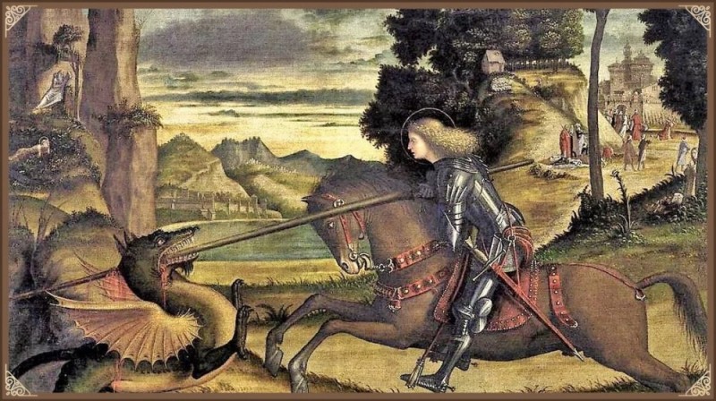 Create meme: Raphael Santi St. George Slaying the Dragon, St. George Slaying the Dragon Raphael, Paolo Uccello St. George Slaying the Dragon