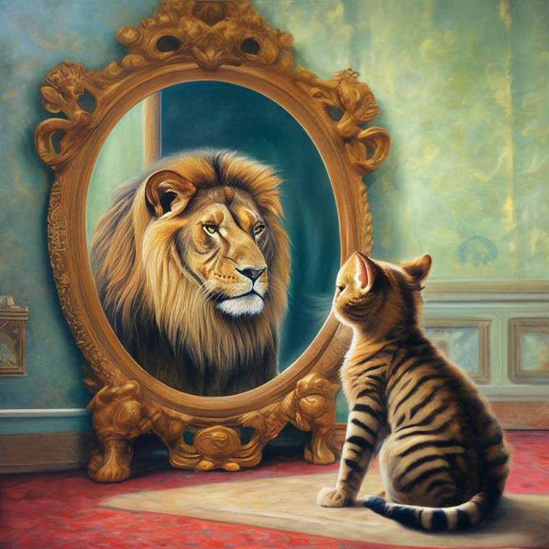 Create meme: the cat in the reflection is a lion, A lion cub in the reflection of a lion, The lion in the reflection