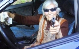 Create meme: grandmother, funny grandmother, grandmother with gun