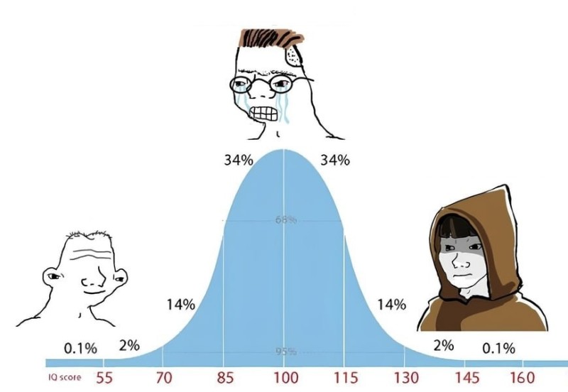 Создать мем: нормальное распределение, распределение iq, уровень iq