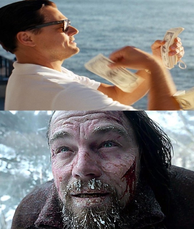 Create meme: Leonardo DiCaprio the wolf of wall street the money, Leo DiCaprio the Survivor, survivor DiCaprio 