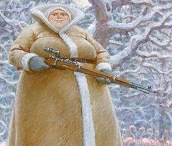 Create meme: a woman in a sheepskin coat with a rifle, a woman in a sheepskin coat, grandma with a gun
