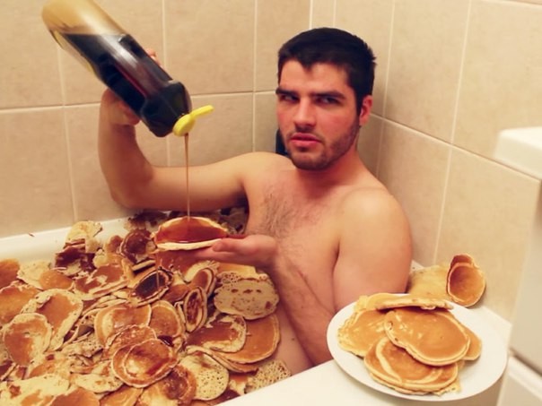 Create meme: the man with pancakes, a man with pancakes in the bathtub, The guy with the pancakes