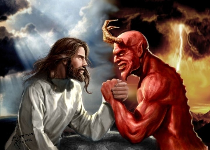 Create meme: God and the devil, Jesus versus the devil, god versus the devil