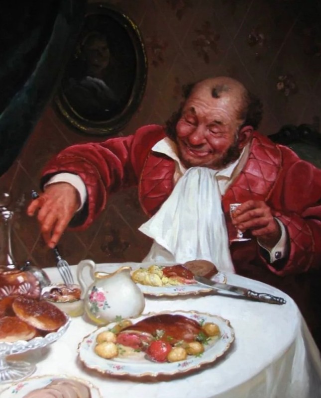 Create meme: the artist Andrey Shishkin. "at lunch", gluttony in painting, Gluttony picture