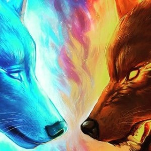 Create meme: wolf fantasy, fire and ice wolves, the fire wolf art