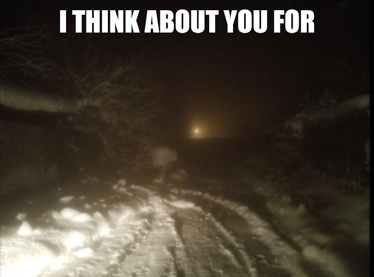 Create meme: in the darkness, forest road, winter road