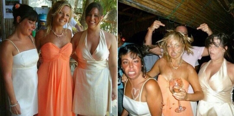 Create meme: girls before and after the party, corporate jokes, drunk women