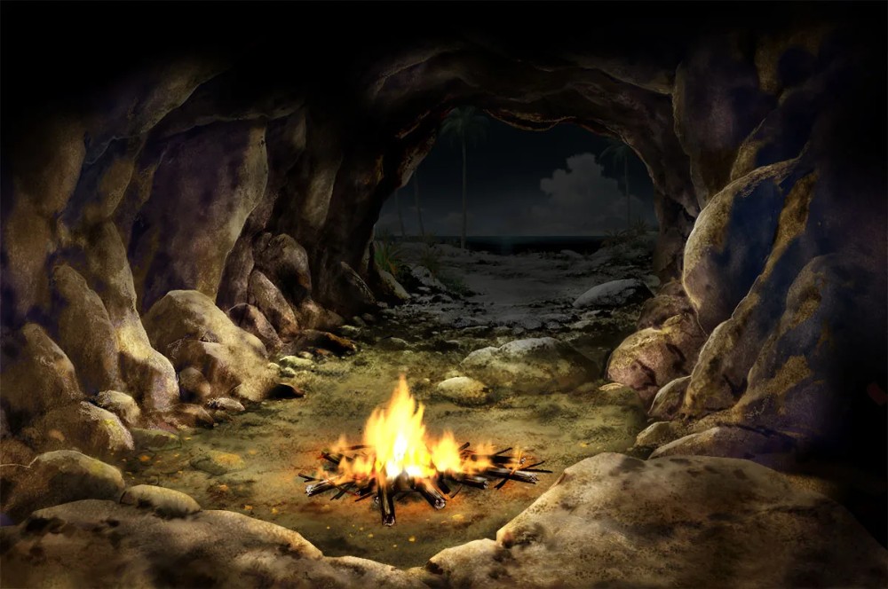 Create meme: Primitive people cave bonfire, bonfire in the cave, the cave of the ancient man