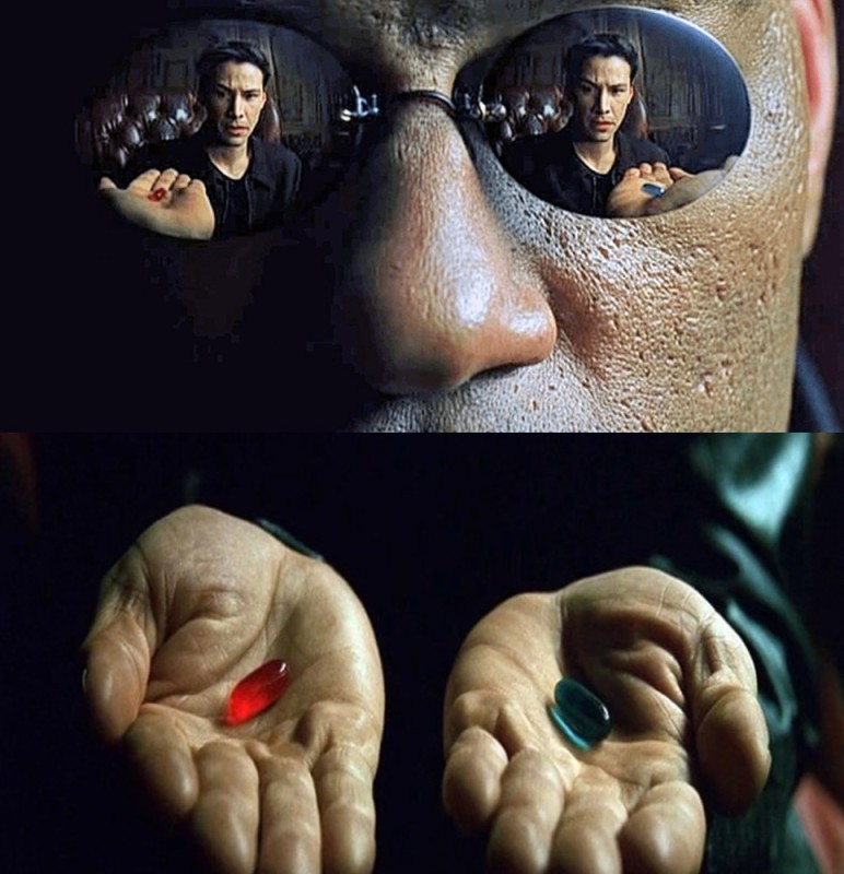 Create meme: tablets from the matrix, matrix choice pill, Morpheus two pills