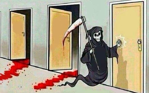 Create meme: death is knocking on the door meme, a meme with death and doors, meme death