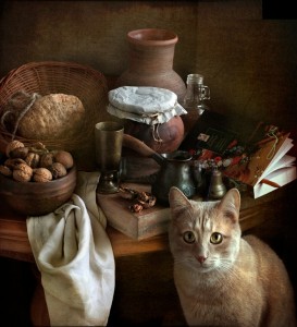 Create meme: still life carnival cat, still life with cat painting Dutch, still life painting with cats
