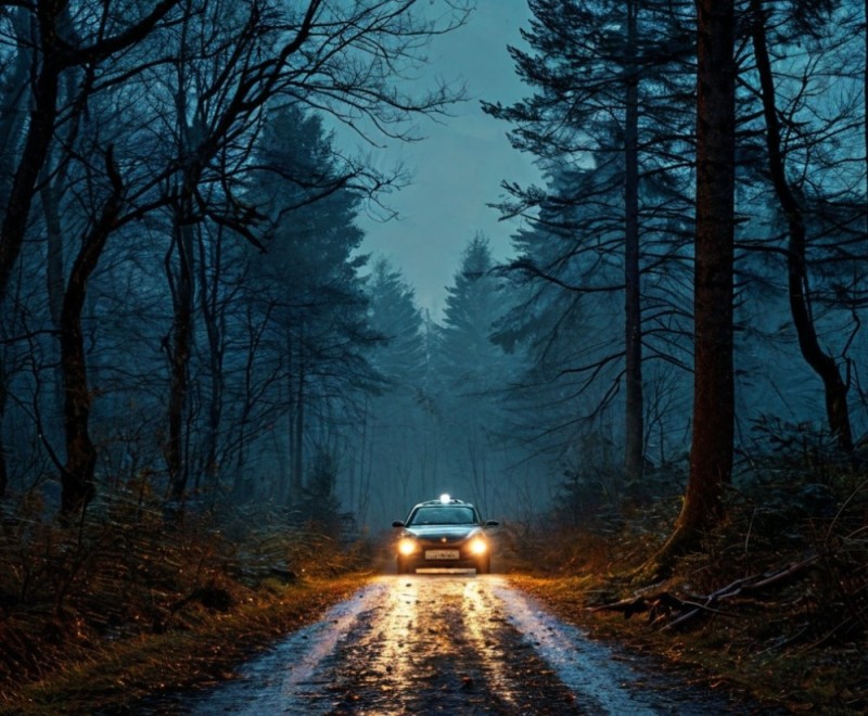 Create meme: the road in the forest at night, a car in the night forest, A car in the woods at night