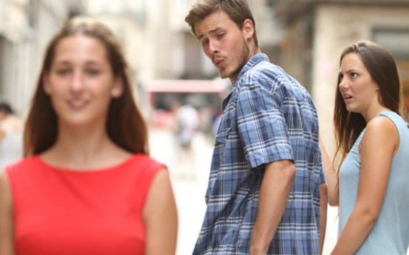 Create meme: A girl and a guy meme, meme where a guy looks at another girl, the guy turns around