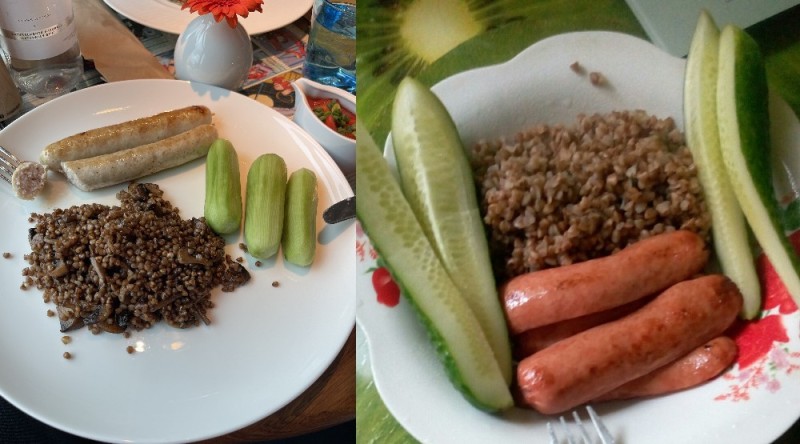 Create meme: items on the table, sausages with buckwheat, low-calorie lunch