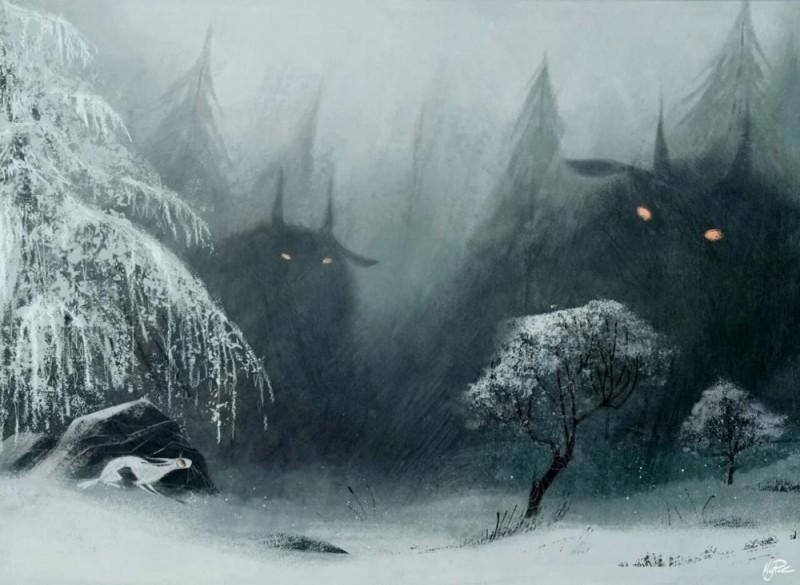 Create meme: gloomy winter forest, winter forest art, dark winter forest