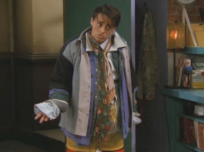 Create meme: Joe in Chandler's clothes, Joe Tribbiani in Chandler's Clothes, Joey put on all of Chandler's clothes
