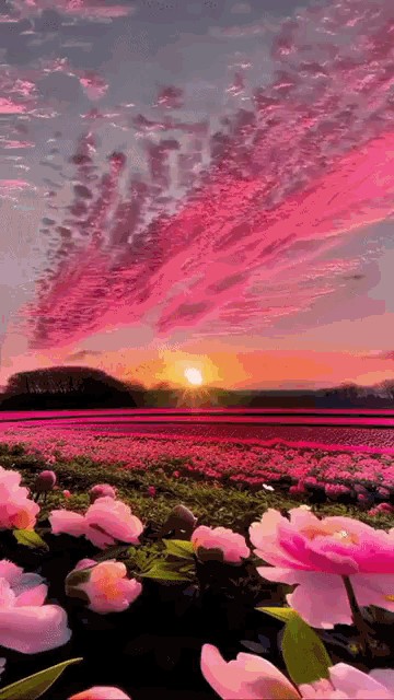 Create meme: sunset flowers, flowers landscape, peonies field
