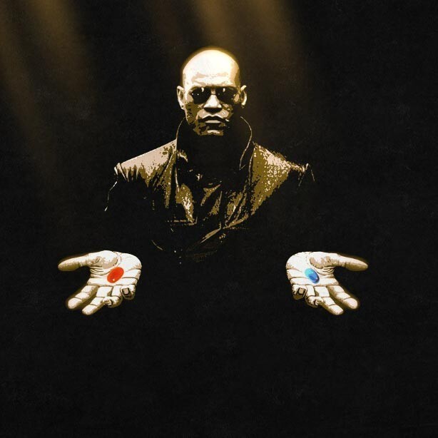 Create meme: morpheus pills, red and blue pill, Morpheus two pills