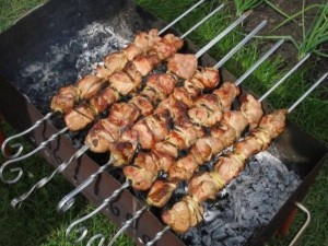 Create meme: kebabs on the nature, barbecue in the country, kebab